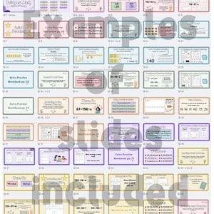 May include: A collection of educational worksheets and lesson slides for Bridges Math, featuring topics like addition, subtraction, and problem-solving. The slides include warm-up exercises, extra practice, and workplace activities. The color scheme is primarily pastel with text and graphics.