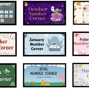 May include: A set of 12 printable number corner posters for each month of the year. Each poster features a different theme and design, including a calendar, a number line, and other fun activities. The posters are perfect for use in a classroom or homeschool setting.