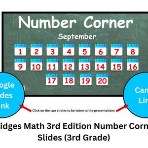 May include: A green chalkboard with the words "Number Corner" and "September" written on it. There are 20 blue squares with white borders, each containing a number from 1 to 20. Two blue circles with white text are on either side of the chalkboard. The left circle says "Google Slides Link" and the right circle says "Canva Link".