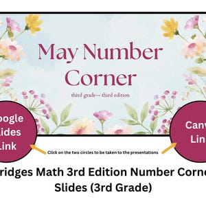 Op de afbeelding: Een kleurrijk beeld met een bloemige achtergrond en de tekst "May Number Corner third grade-- third edition". Twee cirkels met links naar Google Slides en Canva zijn inbegrepen. De tekst "Bridges Math 3rd Edition Number Corner Slides (3rd Grade)" staat onderaan de afbeelding.