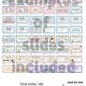 May include: A collection of educational slides from Bridges Math, Unit 4, 3rd Edition, for 3rd grade. The slides cover topics like measurement, volume, and problem-solving. The image includes the text "Total slides: 182" and "Links are included throughout the slides."