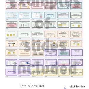 May include: A digital presentation with 54 slides, featuring math lessons for 3rd grade students. The slides are organized with titles like "Warm Up" and "Extra Practice." The presentation includes the text "Unit 7 3rd Edition" and a "Click!" button.