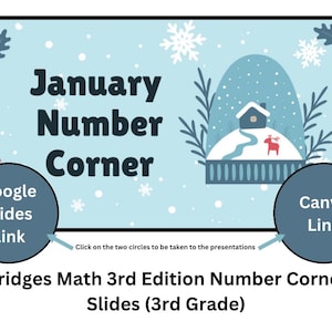 May include: A blue and white winter-themed graphic with the text "January Number Corner". Two circles with links to Google Slides and Canva are included. The text "Bridges Math 3rd Edition Number Corner Slides (3rd Grade)" is at the bottom.