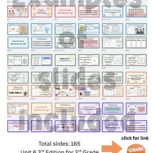 May include: A digital presentation with 48 slides, featuring math lessons for 3rd grade. The slides include titles like "Extra Practice" and "Workplaces", with the text "Unit 6 3rd Edition" and "Total slides: 165". An orange arrow points to a button that says "Click!".