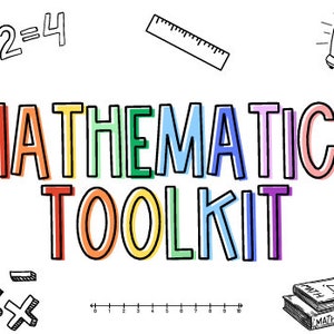 Puede incluir: Una ilustración colorida de la palabra "MATHEMATICS TOOLKIT" con varios símbolos y herramientas matemáticas, incluyendo una regla, una bombilla y una línea numérica.