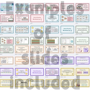 May include: A collection of educational flashcards for Bridges Math, featuring titles like "Introducing the Pet Store" and "Extra Practice Workbook." The cards are color-coded and include various math problems and exercises for students.