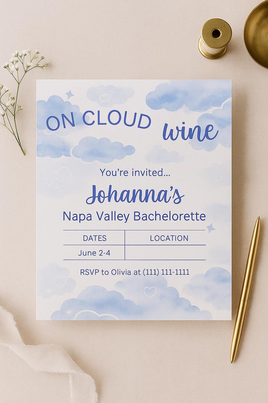 Invite Theme Bachelorette Party Invite - Theme: on Cloud Wine - CANVA Digital ...