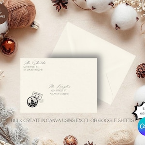 May include: Cream-colored envelopes with printed addresses and a Christmas tree stamp. The envelopes are surrounded by decorative elements, including cotton balls, pine cones, and twine. Text on the image reads "Bulk create in Canva using Excel or Google Sheets."