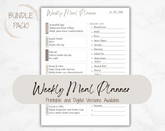 Könnte beinhalten: Ein weißer Wochenessensplaner mit einem hellbraunen Banner mit der Aufschrift "Weekly Meal Planner". Der Planer enthält Abschnitte für jeden Wochentag, eine Einkaufsliste und den Text "Printable and Digital Versions Available".