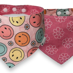 Retro Smiley Daisy Dog Bandana | Reversible Snap on dog bandana |  dog scarf