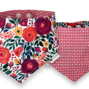 Bright Pink Floral Dog Bandana | Reversible Snap on dog bandana | dog scarf