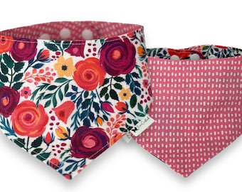 Bright Pink Floral Dog Bandana | Reversible Snap on dog bandana | dog scarf