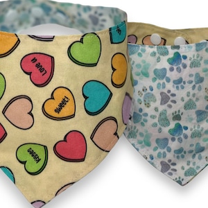Valentine Candy Hearts Dog Bandana | Reversible Snap on dog bandana |  dog scarf