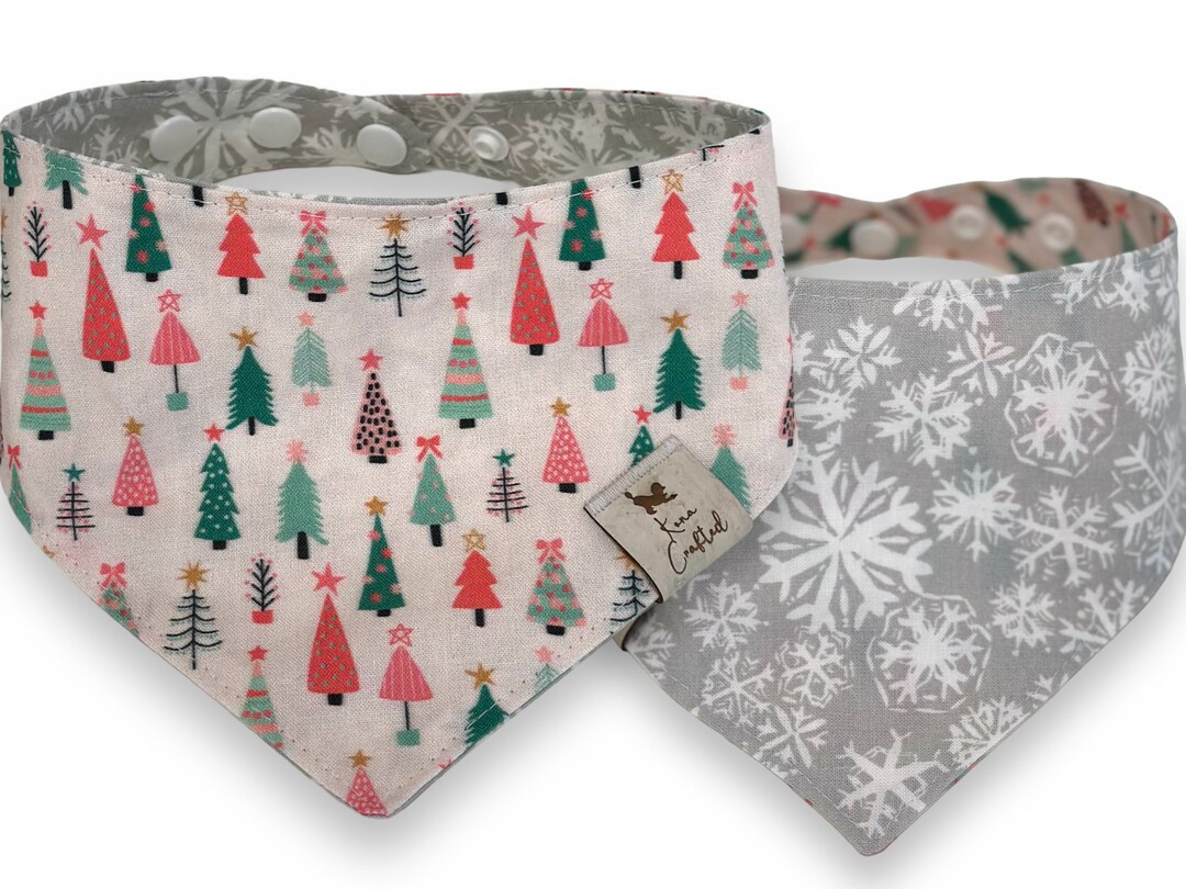 Pink Christmas Tree Dog Bandana Snowflakes Reversible Snap on Dog