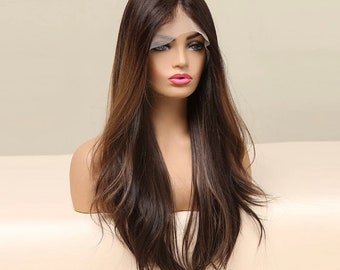 Long Wavy Dark Brown Ombre Synthetic Lace Front Wigs For Women Middle Part High Density Wig Heat Resistant