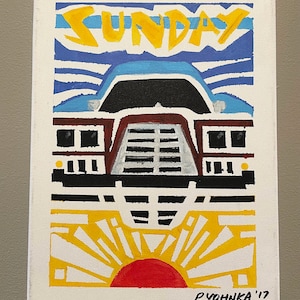 Sunday Drive, a 9 x 12 acrylic painting featuring an abstract geometric rendering of the front view of a car and the word Sunday