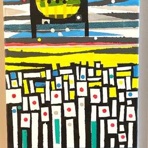 Apprenez à lire les signes, une peinture acrylique 9 x 12 présentant un rendu géométrique abstrait des signes et des informations