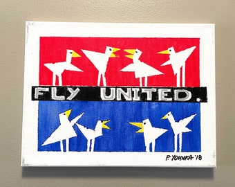 Birds of a Feather, a 9 x 12 acrylic painting featuring birds on both red and blue backgrounds and the words: Fly United