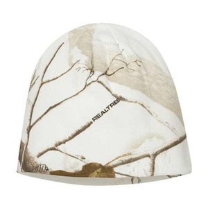May include: White beanie with a camouflage pattern featuring brown branches on a white background. The beanie has the text "REALTREE" printed on the side.