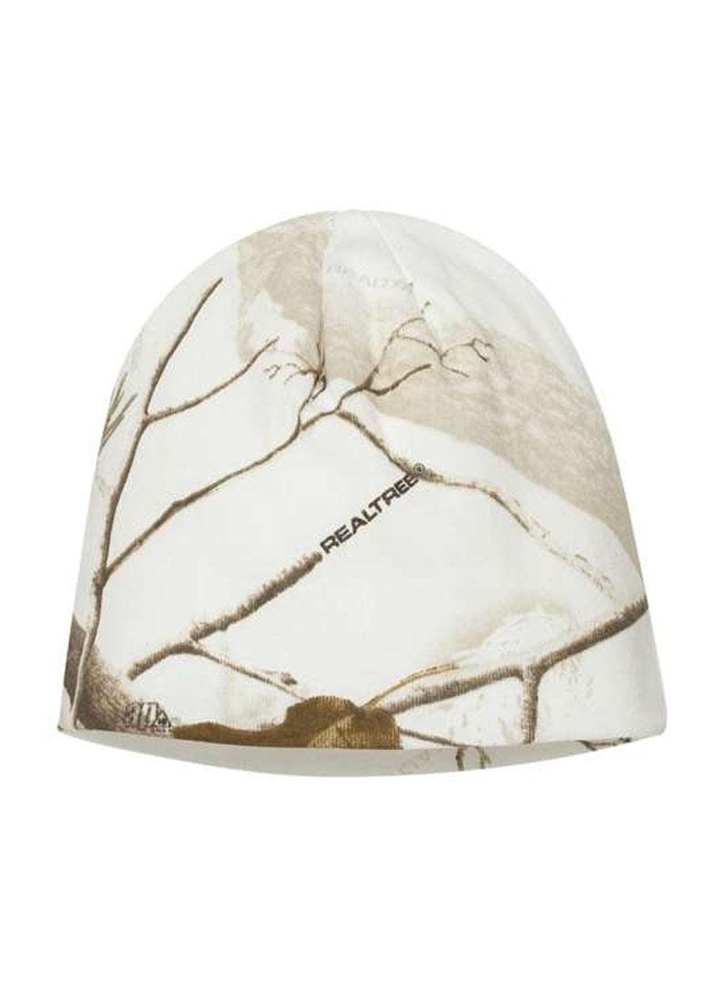May include: White beanie with a camouflage pattern featuring brown branches on a white background. The beanie has the text "REALTREE" printed on the side.