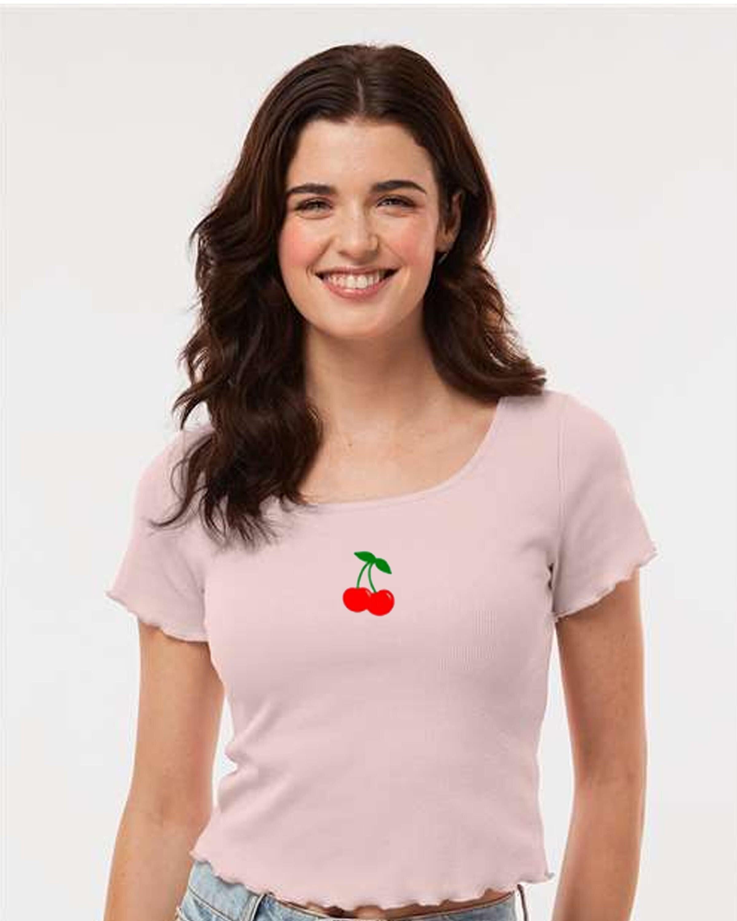 ★KIRSH★ Melting Cherry Print Crop T-Shirt Black Cute Summer Cherry Embroidered Cherries Fruit Crop Top Tee