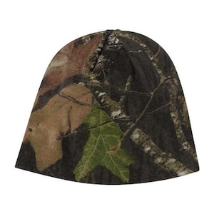 May include: A brown, green, and black camouflage beanie hat.