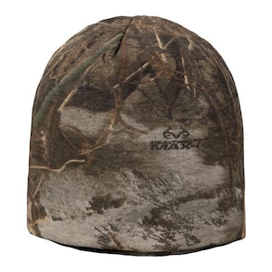 May include: A brown and green camouflage beanie with the word "REALTREE" in black lettering.