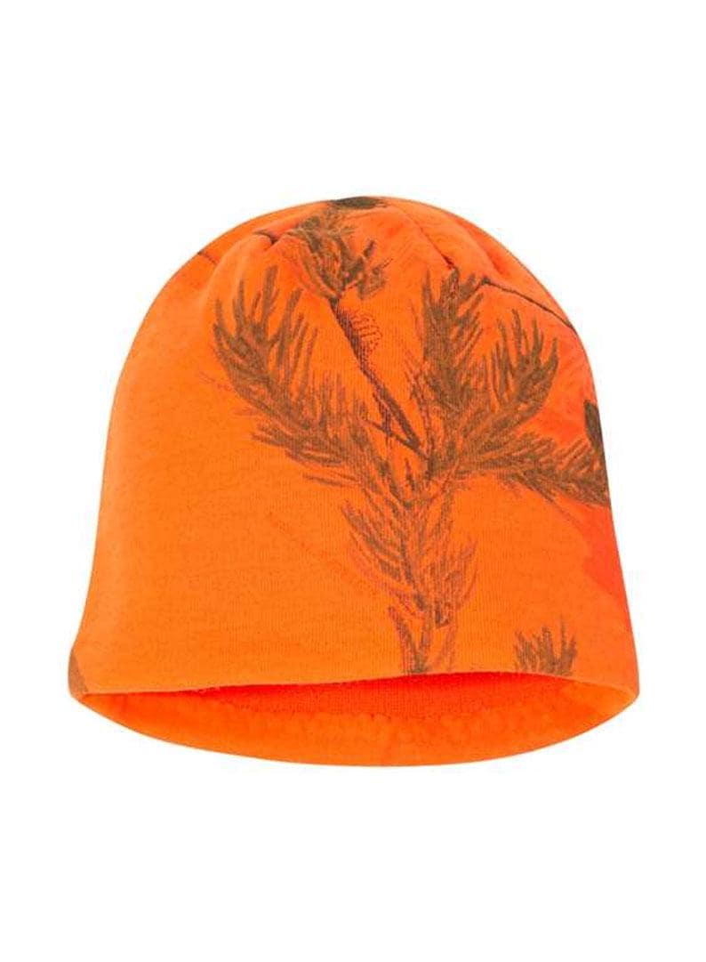 May include: Orange beanie with a camouflage pattern of brown pine branches.