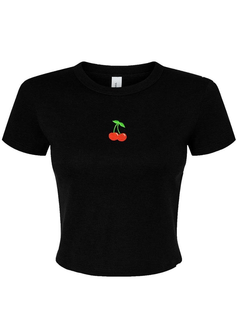 ★KIRSH★ Melting Cherry Print Crop T-Shirt Black KIRSH Small Cherry Crop Tee Shirt Black | Crewneck for Women