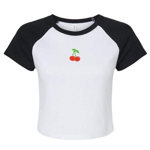Cute Summer Cherry Embroidered Cherries Fruit Crop Top Tee Women&#39;s T-Shirt & Tank 80s 90s Aesthetic Girl Cropped