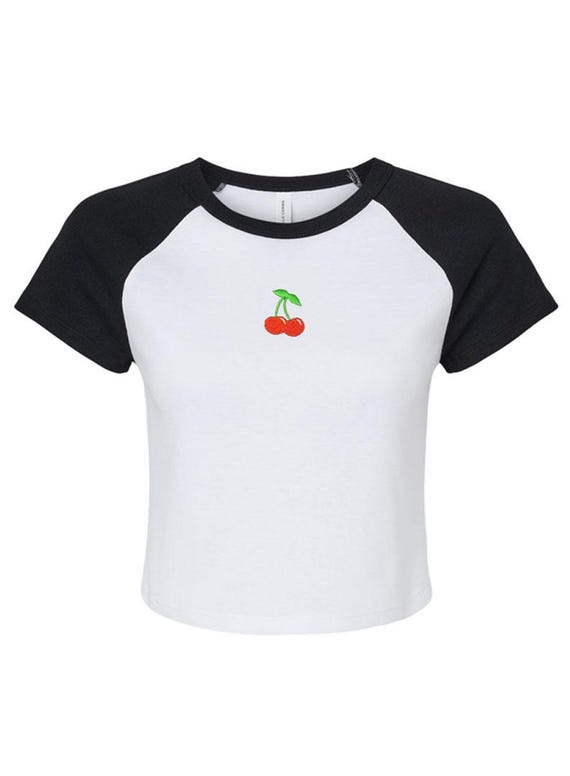 Cute Summer Cherry Embroidered Cherries Fruit Crop Top Tee