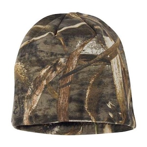 May include: A brown and green camouflage beanie hat.