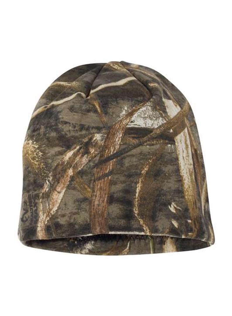May include: A brown and green camouflage beanie hat.