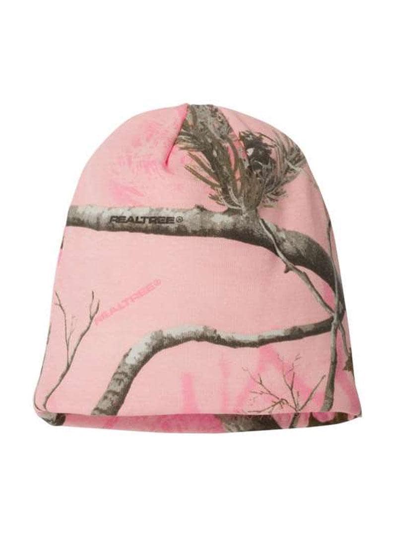 May include: Pink beanie with a camouflage pattern featuring branches and leaves. The beanie has the text "REALTREE" printed on the front.