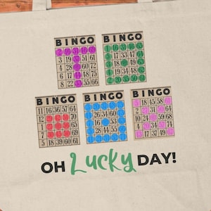 fourre-tout en toile beige | Porte-cartes de bingo rétro porte-bonheur | Cadeau pour elle, cadeau pour lui, cadeau pour grand-mère, cadeau pour ami, cadeau pour amateur de bingo