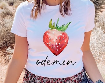 STRAWBERRY Ojibwe Women's Tee, ODE'MIN Cotton T-shirt, Ladies Watercolour Shirt, Unique Gift for Her, First Nation, Indigenous, Ojibway