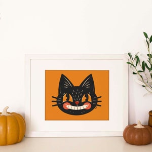 Retro Halloween Black Cat Cartoon Printable Artwork -- Digital Download
