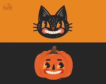 Vintage Retro Halloween Inspired Pumpkin and Cat -- Digital Download Art Prints