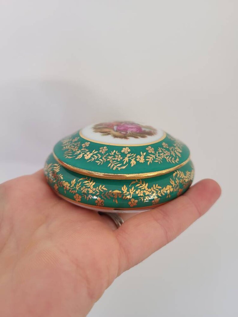 Beautiful Limoges, Green and Gold, Porcelain Trinket Dish With Lid