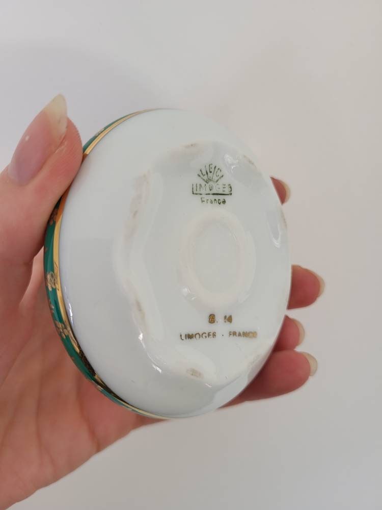 Beautiful Limoges, Green and Gold, Porcelain Trinket Dish With Lid