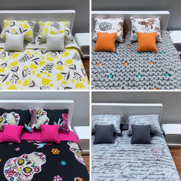 Handmade Contemporary Doll Bedding 1/6 Scale - Reversible Blanket, 2 Pillows, 2 Cushions - Premium 100% Cotton Prints - For 12" (30cm) Dolls