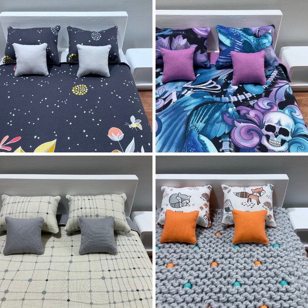 Handmade Doll Bedding 1/6 Scale - Reversible Blanket, 2 Pillows, 2 Cushions - Premium 100% Cotton Contemporary Prints - For 12" (30cm) Dolls