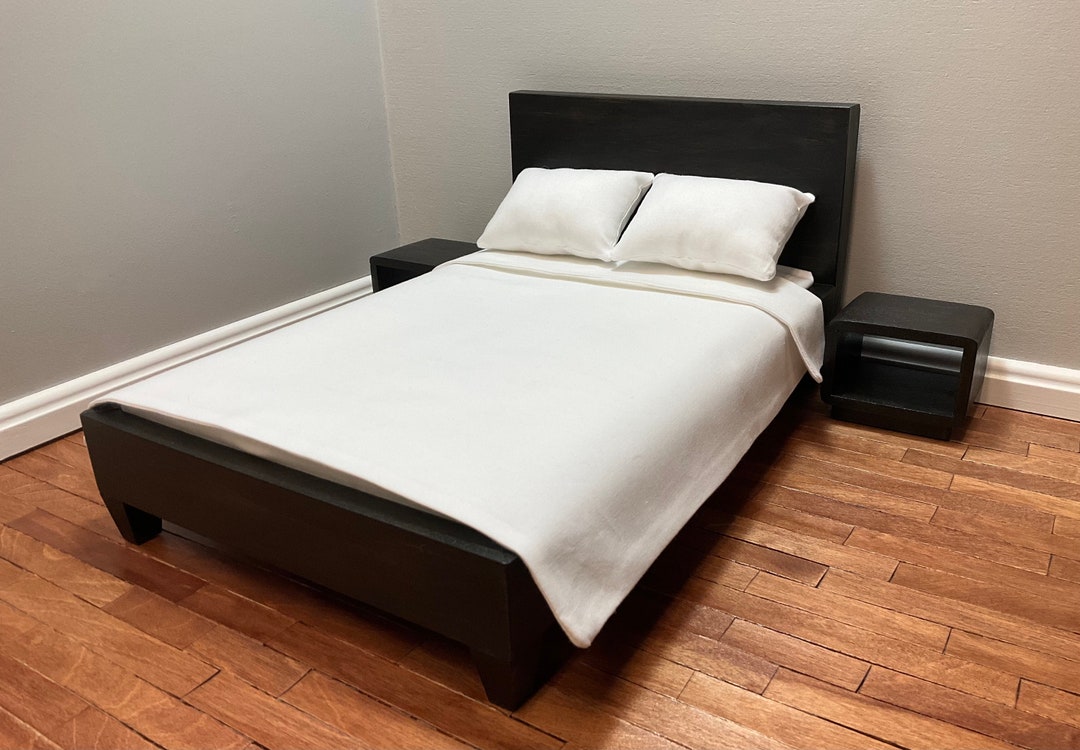 1/6 Scale Platform Double Bed With Mattress Handmade Solid Wood, Black
