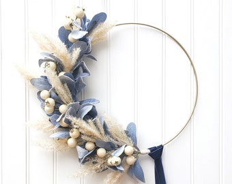 Pampas and Blue Lambs Ear Wreath, Winter Pampas Wreath, Winter Wreath for Front Door, Winter Hoop Wreath, All Season Wreath