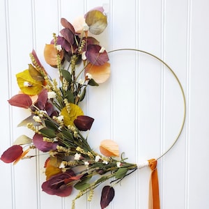 Chic Fall Leaves Wreath, Modern Fall Decor, Minimalist Thanksgiving Wreath, Fall Hoop Wreath, Gold Hoop Wreath, Autumn Door Decor