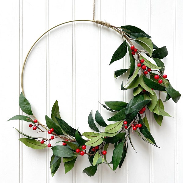Modern Holly Berry Wreath, Modern Christmas Wreath, Red Berry Wreath, Christmas Hoop Wreath, Christmas Wreath for Front Door