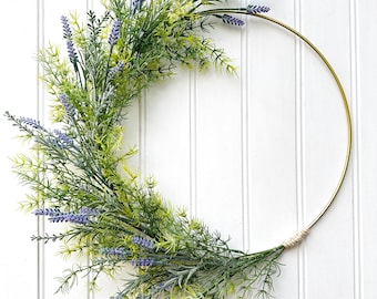 Spring Lavender Wreath, Modern Hoop Wreath for Door, Garden Inspired Decor, Gift for Lavender Lover