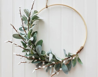 Pussy Willow and Lambs Ear Wreath, Modern Summer Wreath for Front Door, Summer Hoop Wreath, Year Round Wreath, Mothers Day Gift