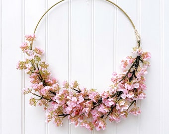 Cherry Blossom Wreath, Pink Blossom Wreath, Pink Spring Hoop Wreath, Minimalist Spring Decor, Modern Easter Wreath