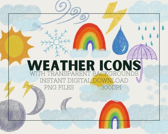 17 Weather Icons, Forecast Clipart, Weather Clipart, Rainbow Illustrations, Cloud Clipart, Sun Clip Art, Weather Illustrations, Rain Clipart